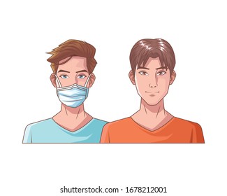 young men with mouth cap medical accessory vector illustration design