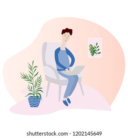 Young men with notebook and cat on chair at home. Flat vector illustration.