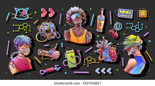 Young men and objects in cyberpunk style. Colorful vector illustration on dark background. Prints, stickers.