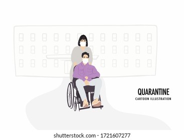 Young men on wheelchair and women in white face mask during quarantine. Teenage disabled character group in prevention masks visiting hospital. Pandemic of coronavirus. Vector persons.