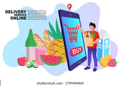Young men are ordering food on their mobile phone. Delivery concept. Man Delivering Online with Grocery order from smart phone. Shopping on social networks through phone flat design style. Vector