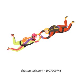 Young Men Parachutist Streamer Free-falling in the Air with Parachute Bag Vector Illustration
