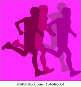Young men participate in a marathon race. Silhouettes of runners on a bright background