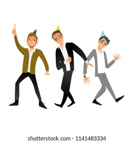 Young men in party hats dancing and having fun isolated on white background. Handsome male cartoon characters celebrating birthday or holiday with party in vector illustration.