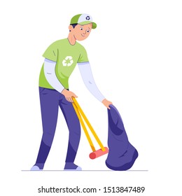 young men pick up garbage cans for recycling, men janitors take rubbish with sticks and carry garbage bags, the concept of environmental hygiene and garbage recycling
