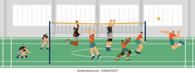 Young men playing volleyball in gym scene flat style, vector illustration. Competition and training, professional sport and hobby, active lifestyle, happy athletic boys