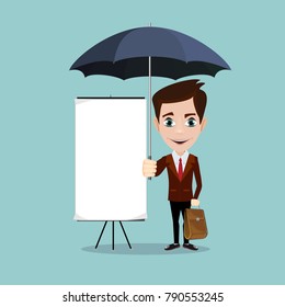 Young men with a poster and umbrella. Stock flat vector illustration.