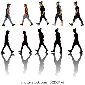 Young men presenting new trends in fashion. Vector color illustration.