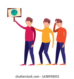 young men protesting with earth planet in label characters vector illustration design