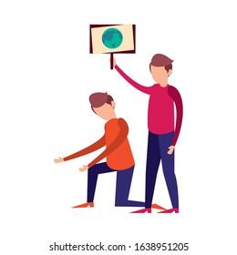 young men protesting with earth planet in label characters vector illustration design