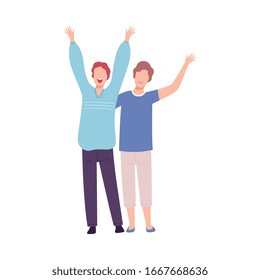 Young Men with Raising Hands, Faceless Male Characters Dancing at Party, Having Fun or Celebrating Success Flat Vector Illustration