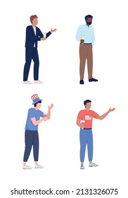 Young men raising toast semi flat color vector characters set. Standing figure. Full body person on white. Celebration simple cartoon style illustration for web graphic design and animation pack