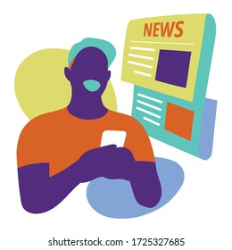 Young men reading newspaper or following news by smart phone