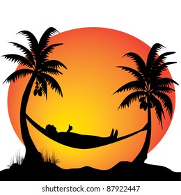 a young men relaxing on a hammock in the moonlight between two palm trees