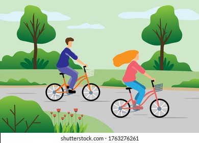 Young men ride bicycles with young women in the garden. Illustration