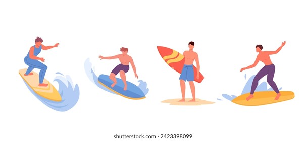 Young men riding surfboards. Active male characters set in swimwear surfing ocean wave on summer holidays. Sport recreation, sea leisure hobby. Flat vector illustrations isolated on white background