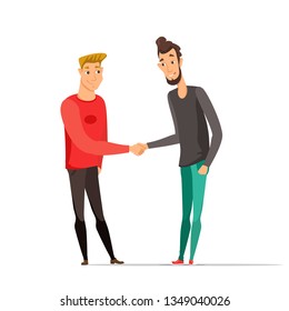 Young men shaking hands color vector illustration. Two guys meeting flat clipart. Friends together. Business partners, partnership. Cartoon characters in casual clothes. Isolated design element
