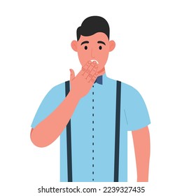Young men shocked covering mouth with hand for mistake. Expression of fear, scared in silence, secret concept. Character set. Vector illustration.