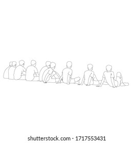 Jóvenes sentados en filas con un contorno negro sobre fondo blanco: Color blanco y negro vectorial