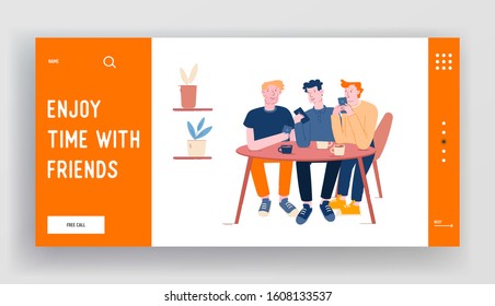 Young Men Sitting in Cafe Chatting in Mobile Phone Drink Coffee Website Landing Page. Male Characters Online Messaging in Social Network Recreation Web Page Banner. Cartoon Flat Vector Illustration