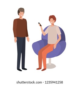 young men sitting in chair with smartphone