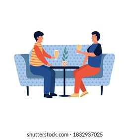 Young men sitting in a comfortable couch, guys relaxing and drinking beer. Flat Cartoon vector illustration