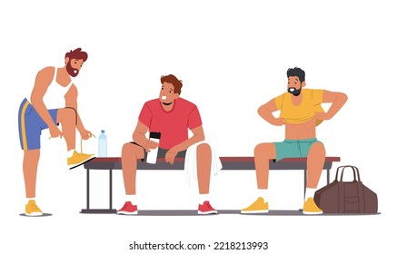 Young Men Sitting on Bench in Sports Locker Room. Athlete Male Characters Drink Water, Change Clothes before Training or Workout in Gym, Sportsmen Chatting. Cartoon People Vector Illustration