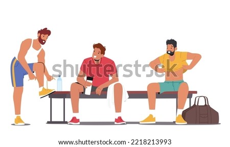 Young Men Sitting on Bench in Sports Locker Room. Athlete Male Characters Drink Water, Change Clothes before Training or Workout in Gym, Sportsmen Chatting. Cartoon People Vector Illustration
