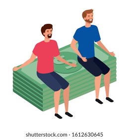 young men sitting in stack bills finance vector illustration design