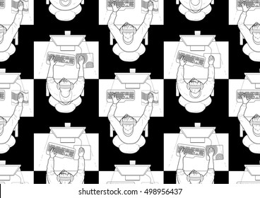 Young men sitting at the table and playing computer. Top view. Cyber sport concept. Vector seamless pattern. Coloring book page design for adults and kids.