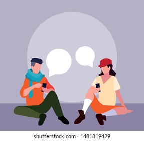 young men sitting using smartphones with speech bubbles