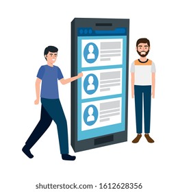 young men and smartphone with chat isolated icon vector illustration design