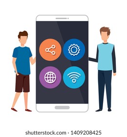 young men with smartphone and social media menu