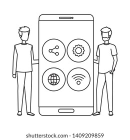 young men with smartphone and social media menu
