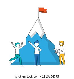 young men with snowy mountain with flag isolated icon