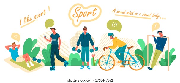 Young men sport activity. Man ride bicycle,rollerblading, doing pull-ups,lifting dumbells,pump press. Flat Cartoon  vector illustration.