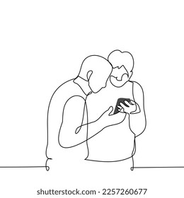 young men stand holding and looking at the phone together - one line drawing vector. the concept friends are addicted to watching what is happening on the phone