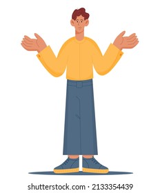 Young men standing confusion don't know what to do. Flat vector illustration isolated on white background.