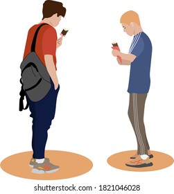 Young men standing and eating ice cream. Two guys are back and talking