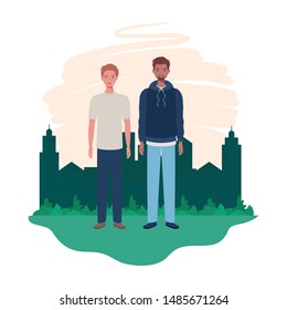 young men standing with landscape background