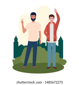 young men standing with landscape background
