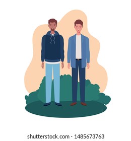 young men standing with landscape background