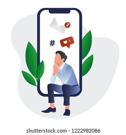 Young men is standing near big smartphone and thinking about new message and likes. Flat vector concept illustration of smartphone.