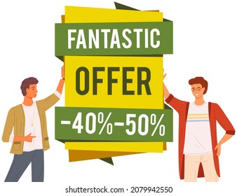 Young men standing near promotional banner. Advertisement of discount poster template concept. Male characters advertising fantastic offer, best discounts, sale in online store vector illustration