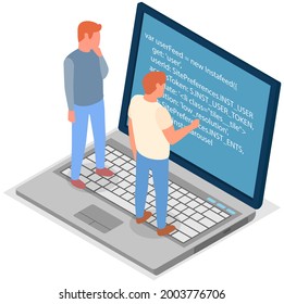 Young men standing on computer and working with laptop in social networks. Guys searching for education studying using laptop typing in social media comments, male programmers typing program code