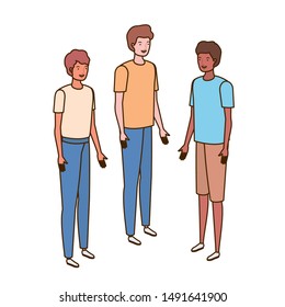 young men standing on white background