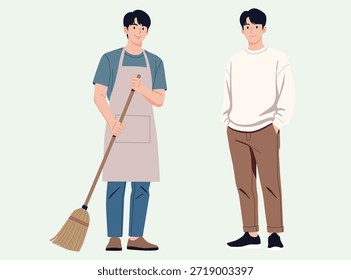Los jóvenes de pie usan un delantal y sostienen una escoba, listos para limpiar y vestidos casualmente con un suéter blanco y pantalones marrones