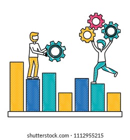 young men with statistical graph and gears