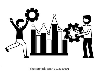 young men with statistical graphics and gears