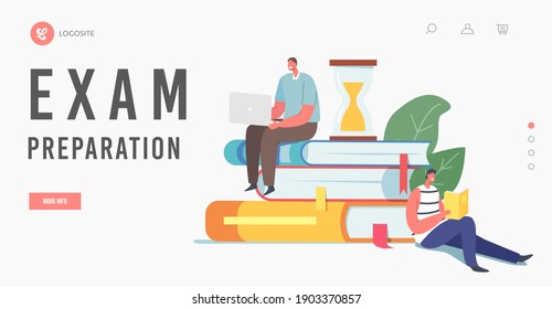 Young Men Students Prepare for Examination Landing Page Template. Tiny Male Characters Reading Sitting on Huge Pile of Books in Library Literature Storage. Cartoon People Vector Illustration